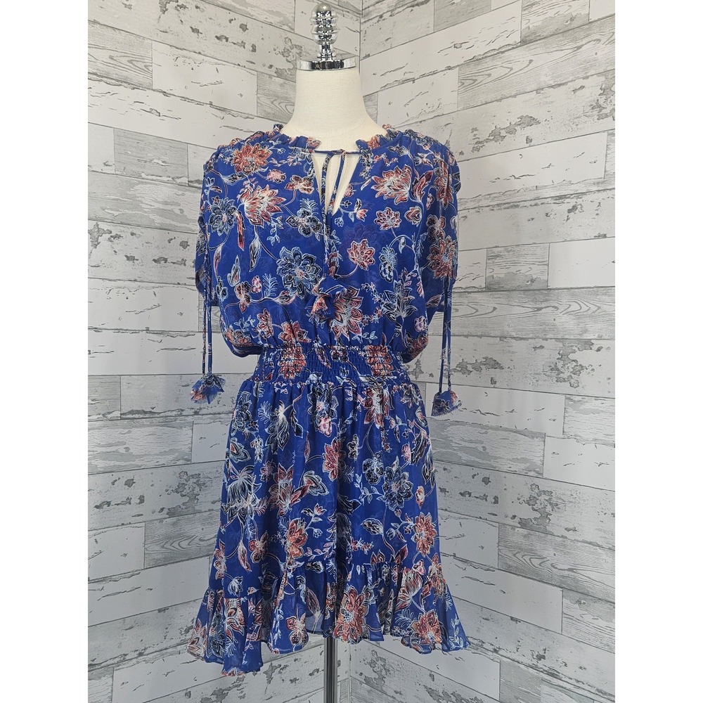 MISA Los Angeles Blue Floral‎ Smocked Waist Ruffle Mini Dress Small Boho Tassel
